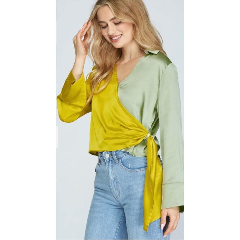 She + Sky Colorblock Satin Wrap Blouse Green Yellow Long Sleeve Top NWT Medium